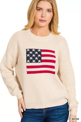 Zenana American Flag Crew Neck Sweater 