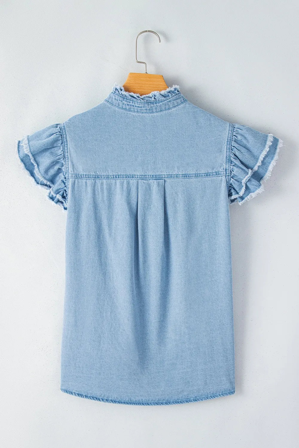 Button Down Raw Hem Ruffled Denim Shirt 