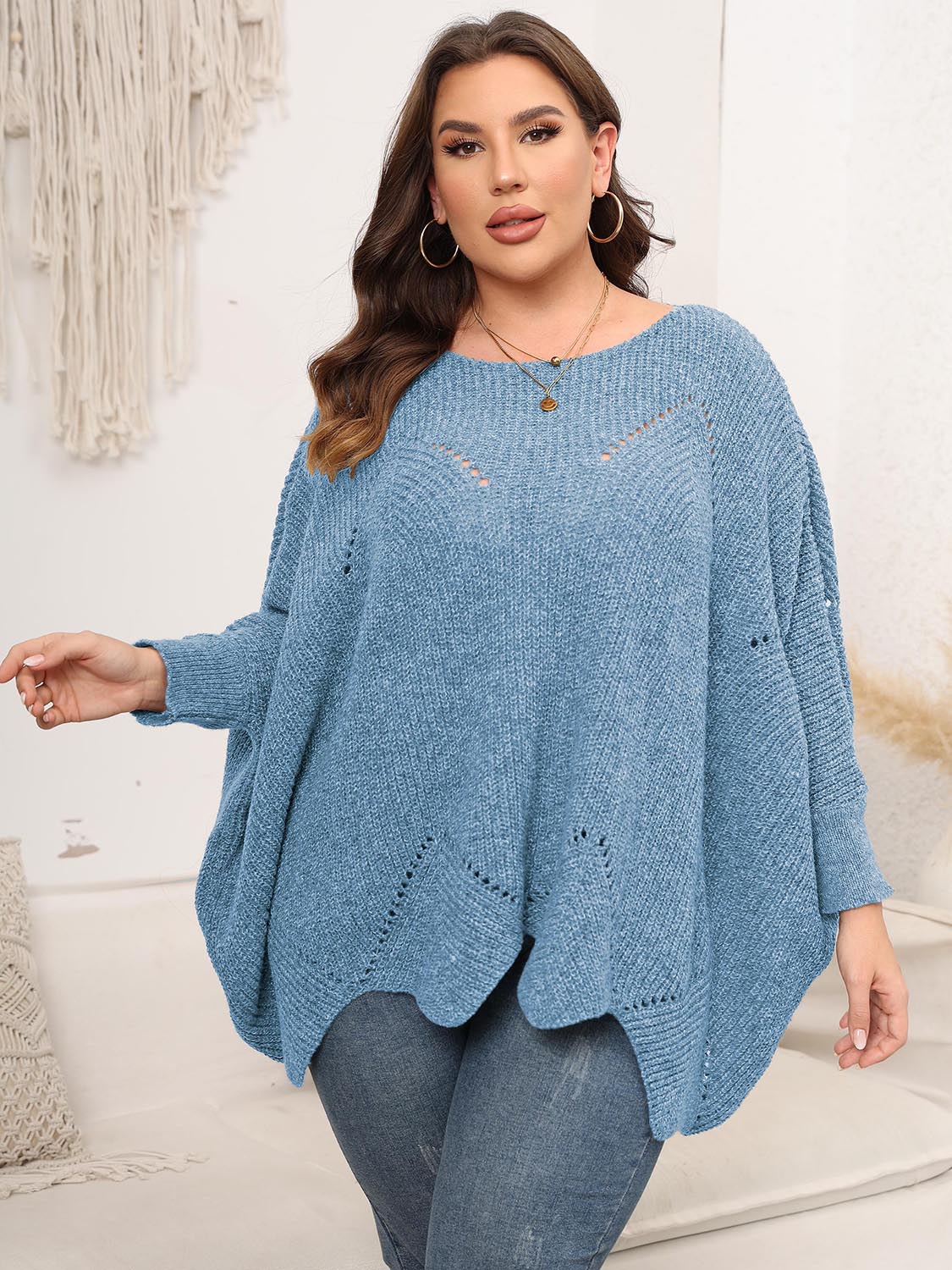 Plus Size Round Neck Batwing Sleeve Sweater 