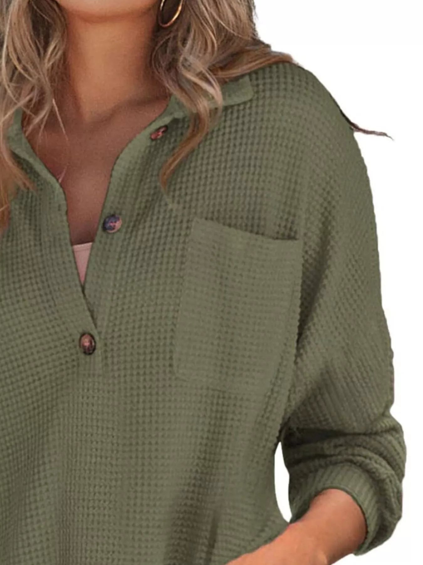Casual Waffle Knit Button Detail Blouse 