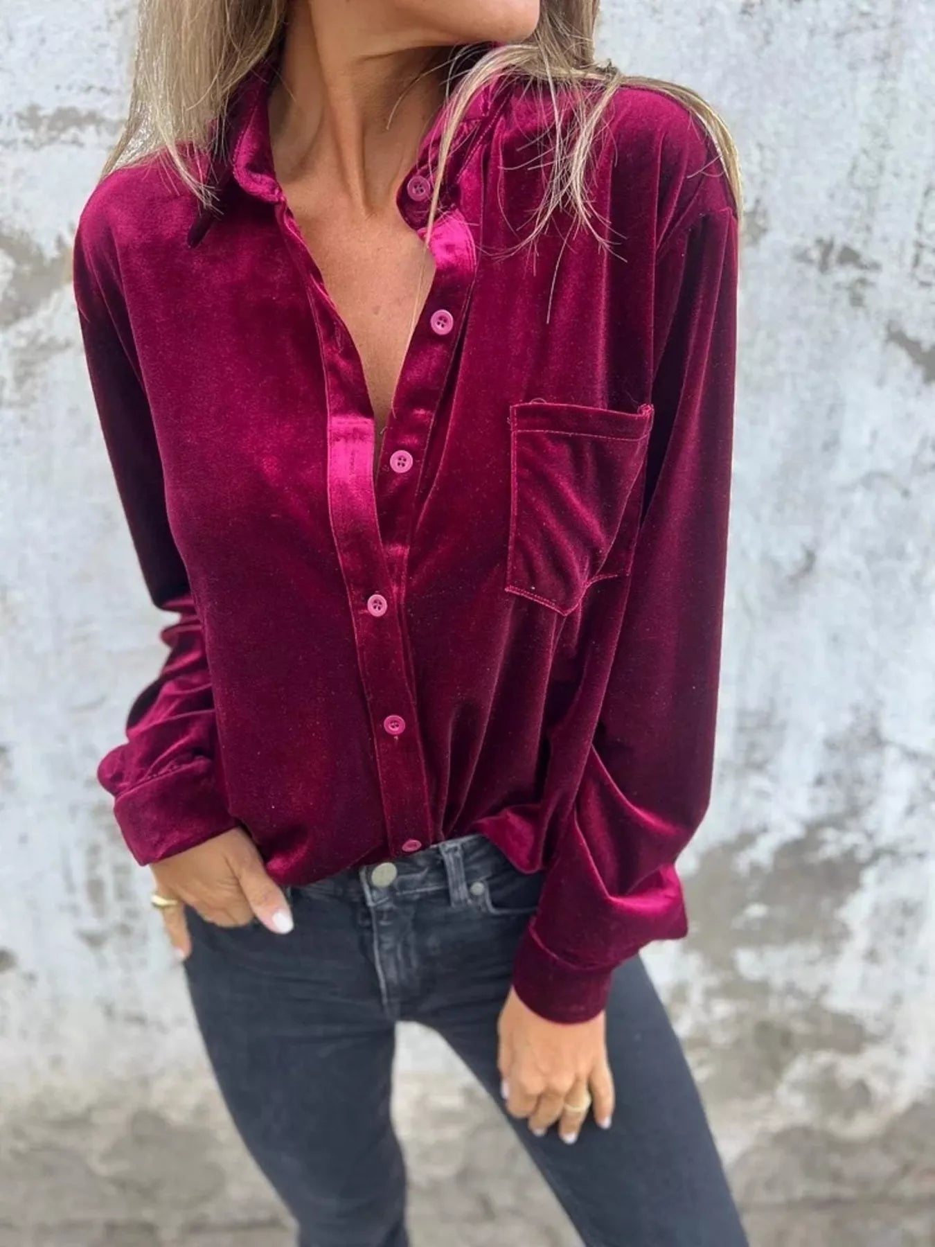 Full Size Velvet Button-Up Long Sleeve Shirt Plus Size 