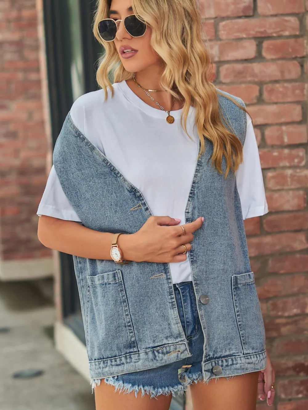 Full Size V-Neck Button Up Denim Vest 