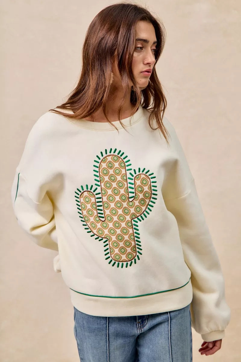 BiBi Cactus Embroidered Fleece Sweatshirt 
