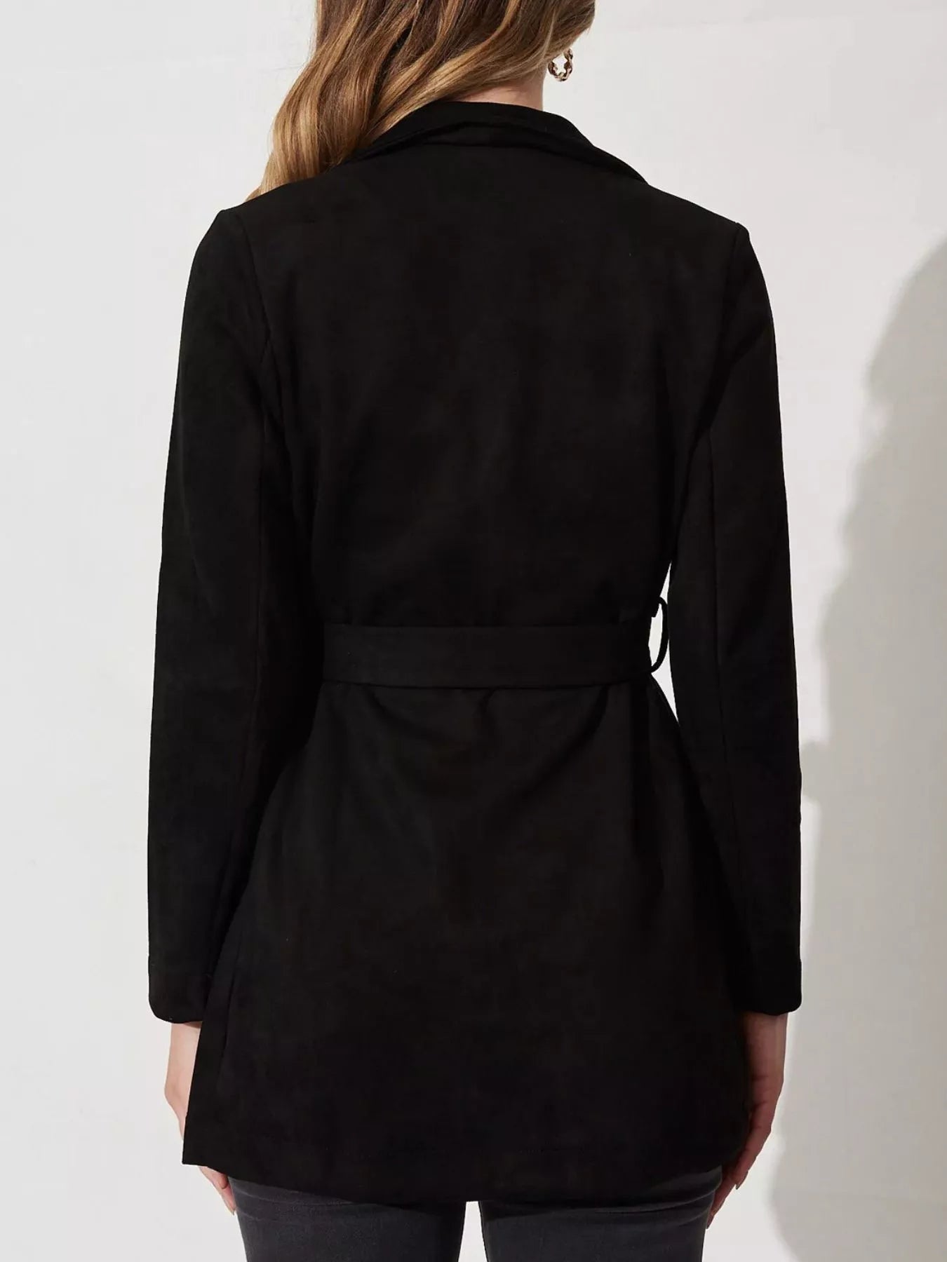 Suede Tie Waist Long Sleeve Outerwear 