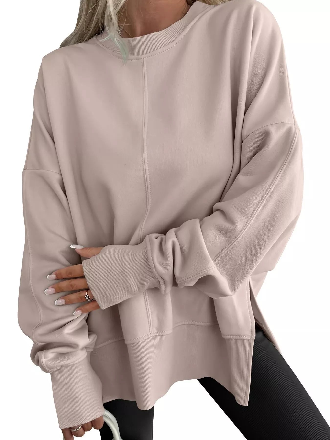 Side Slit Round Neck Long Sleeve Sweatshirt 