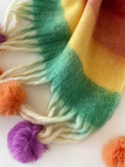 Rainbow Striped Fuzzy Scarf with Pom-Poms 