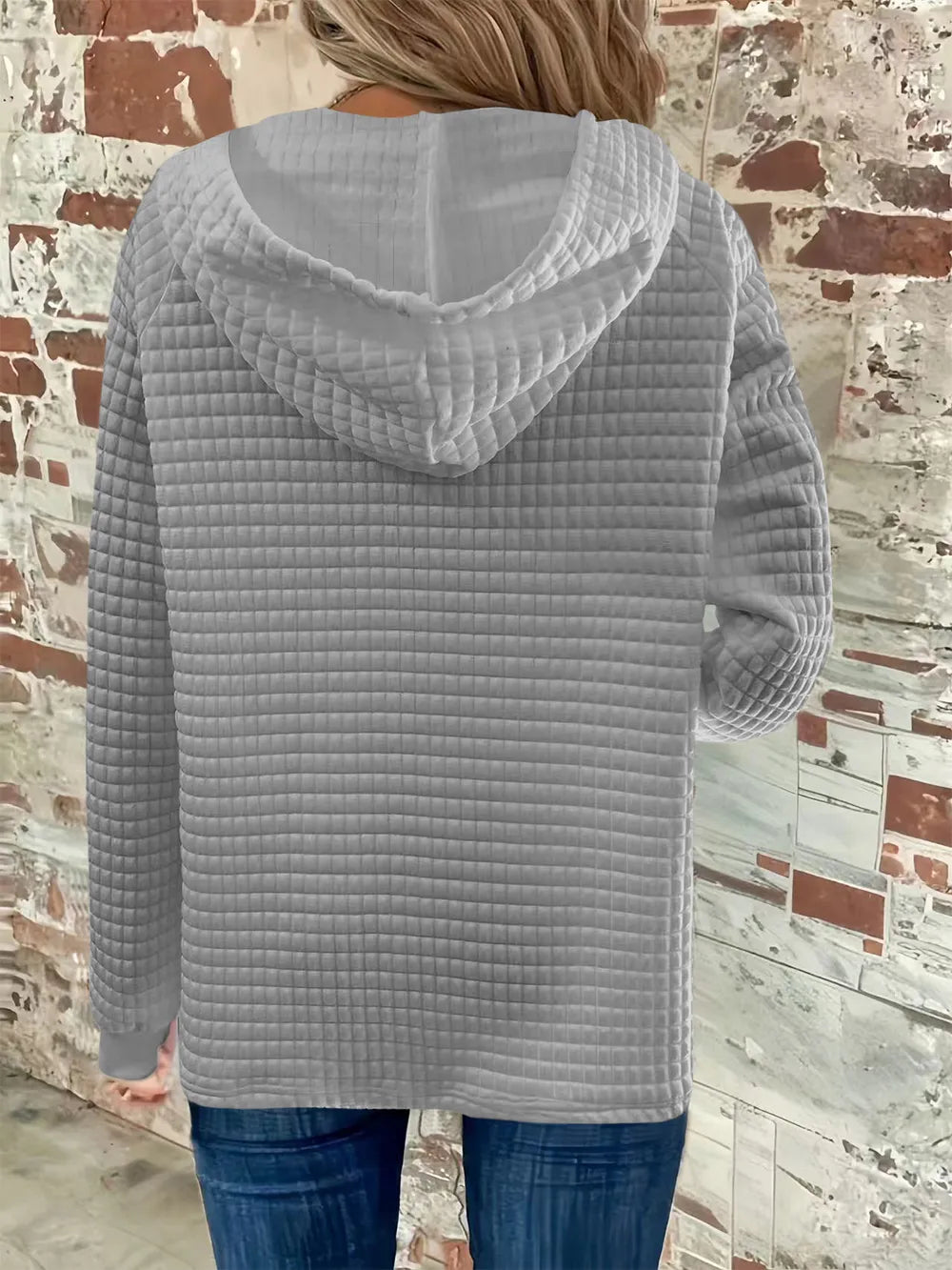 Full Size Texture Button Detail Drawstring Long Sleeve Hoodie 