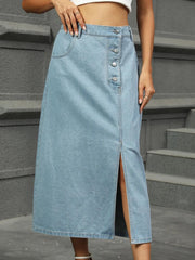 Slit Button Detail Denim Midi Skirt 