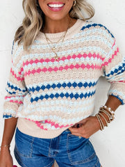 Stripe Eyelet Patterned Drop Shoulder Sweater 