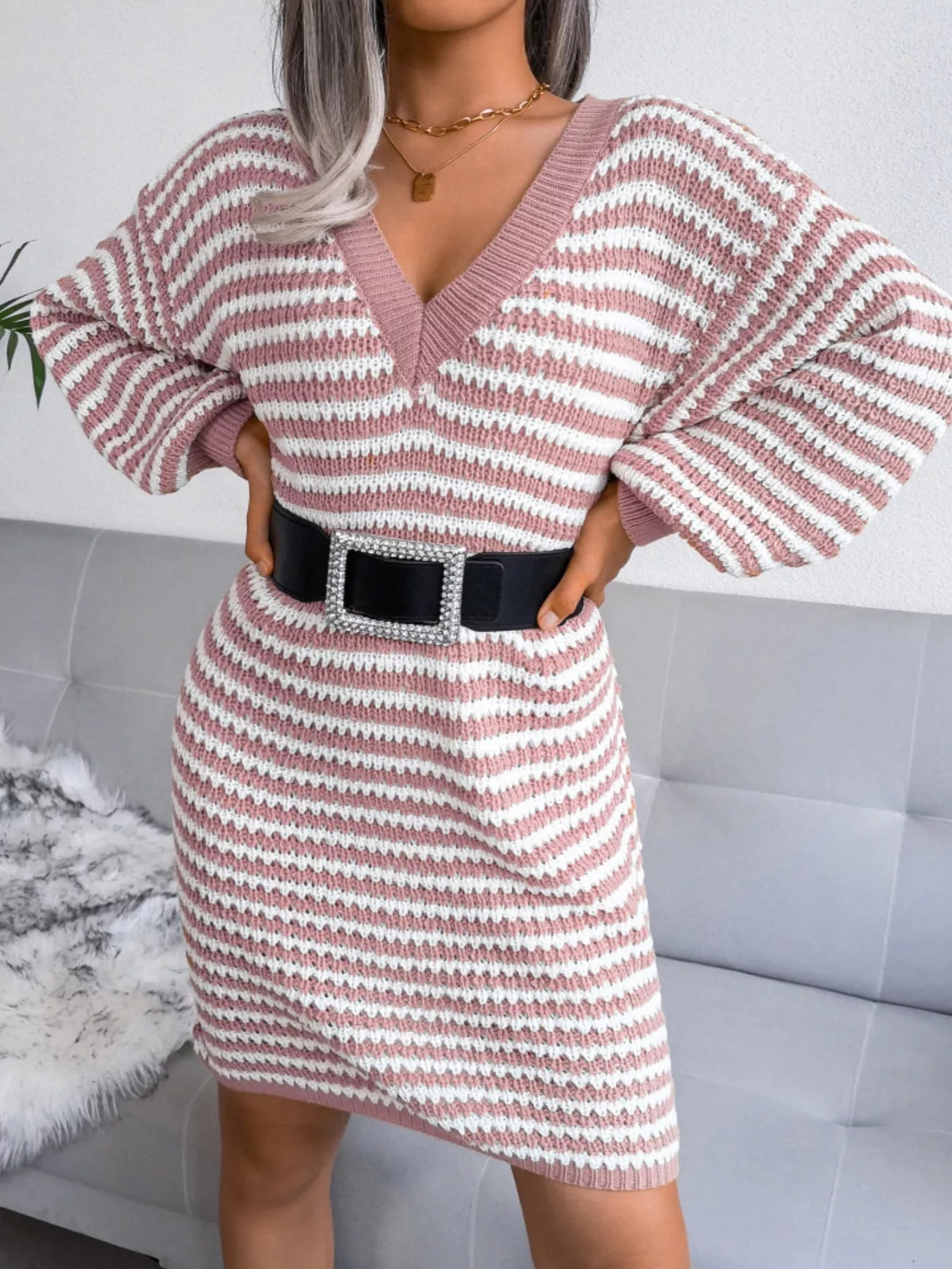 Striped V-Neck Long Sleeve Sweater Dress 