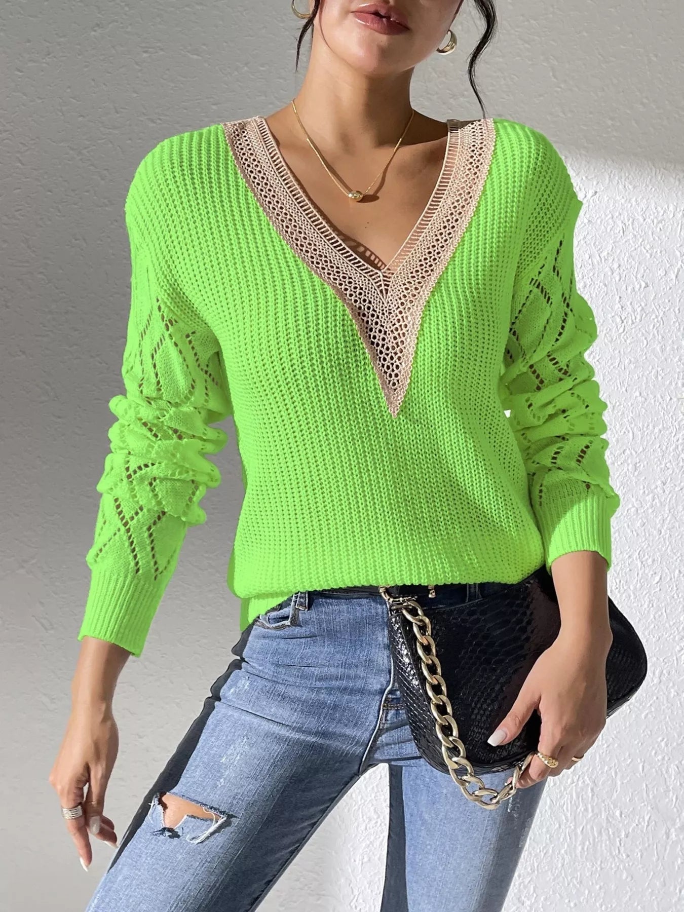 V-Neck Hollow Knit Sweater 