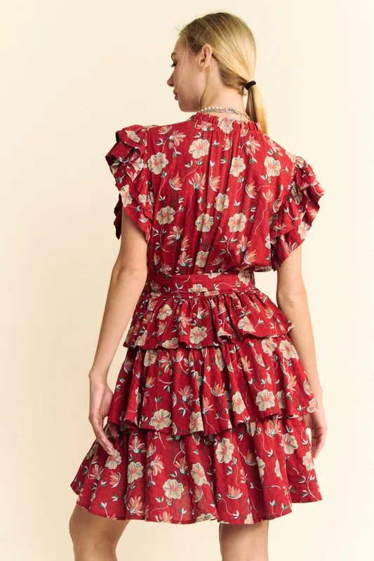 Davi & Dani Ruffle Flutter Sleeve Tie Belt Tiered Mini Dress 