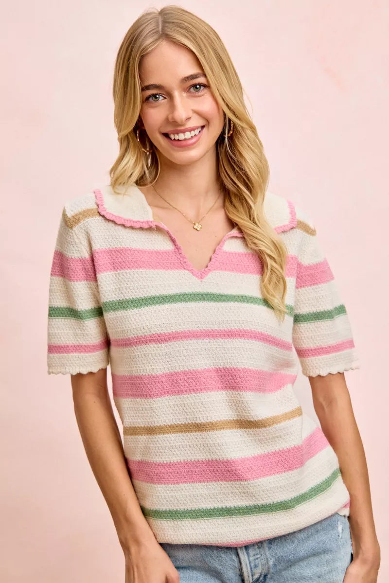 BiBi Multi Colors Stripes Collared Knit Top 