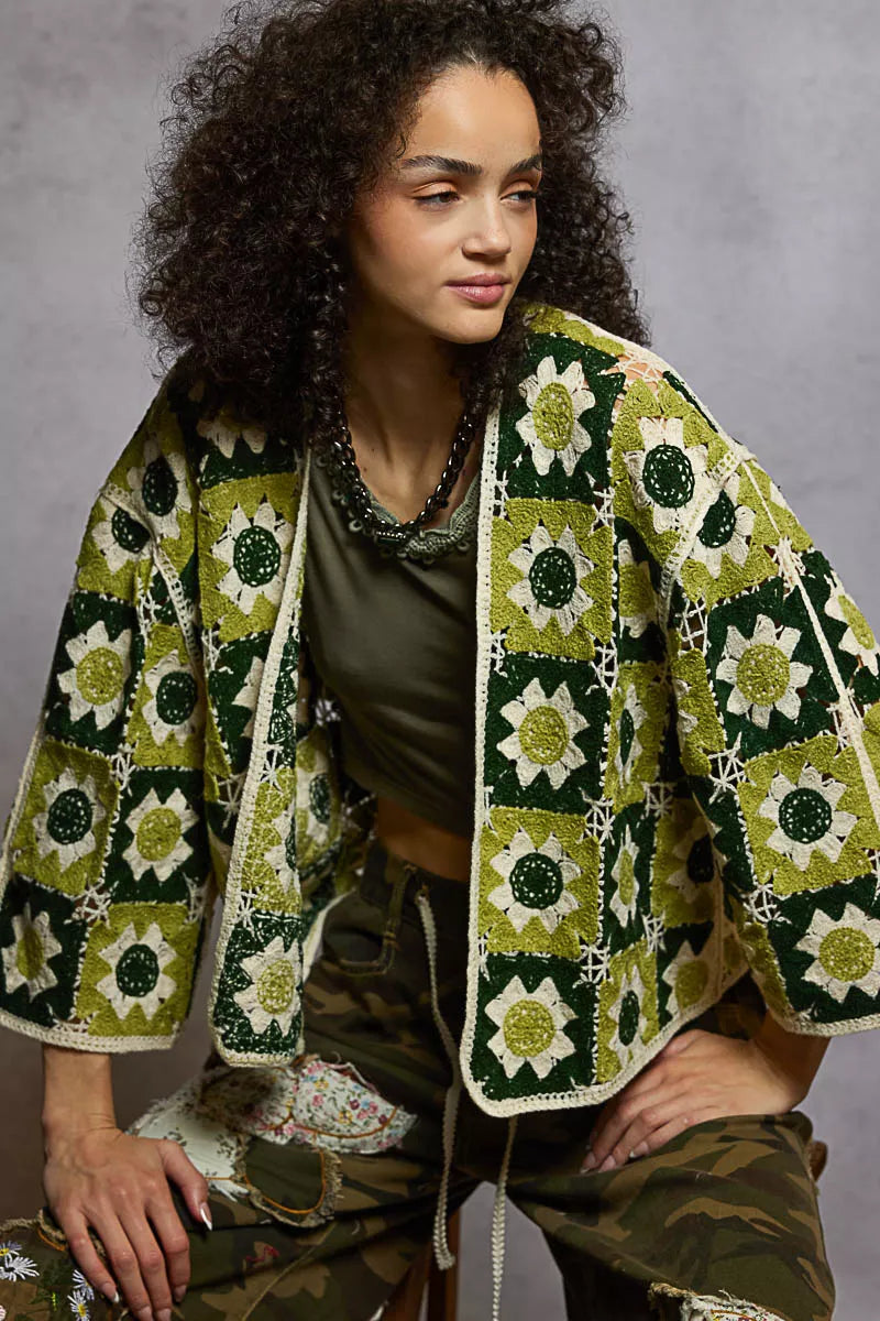 POL Open Front Cardigan with Varied Patterns 