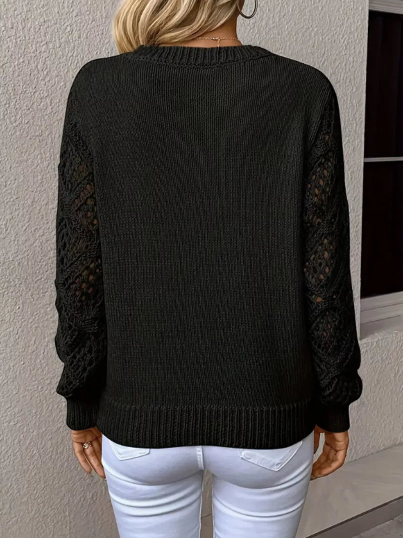 Openwork V-Neck Long Sleeve Sweater 