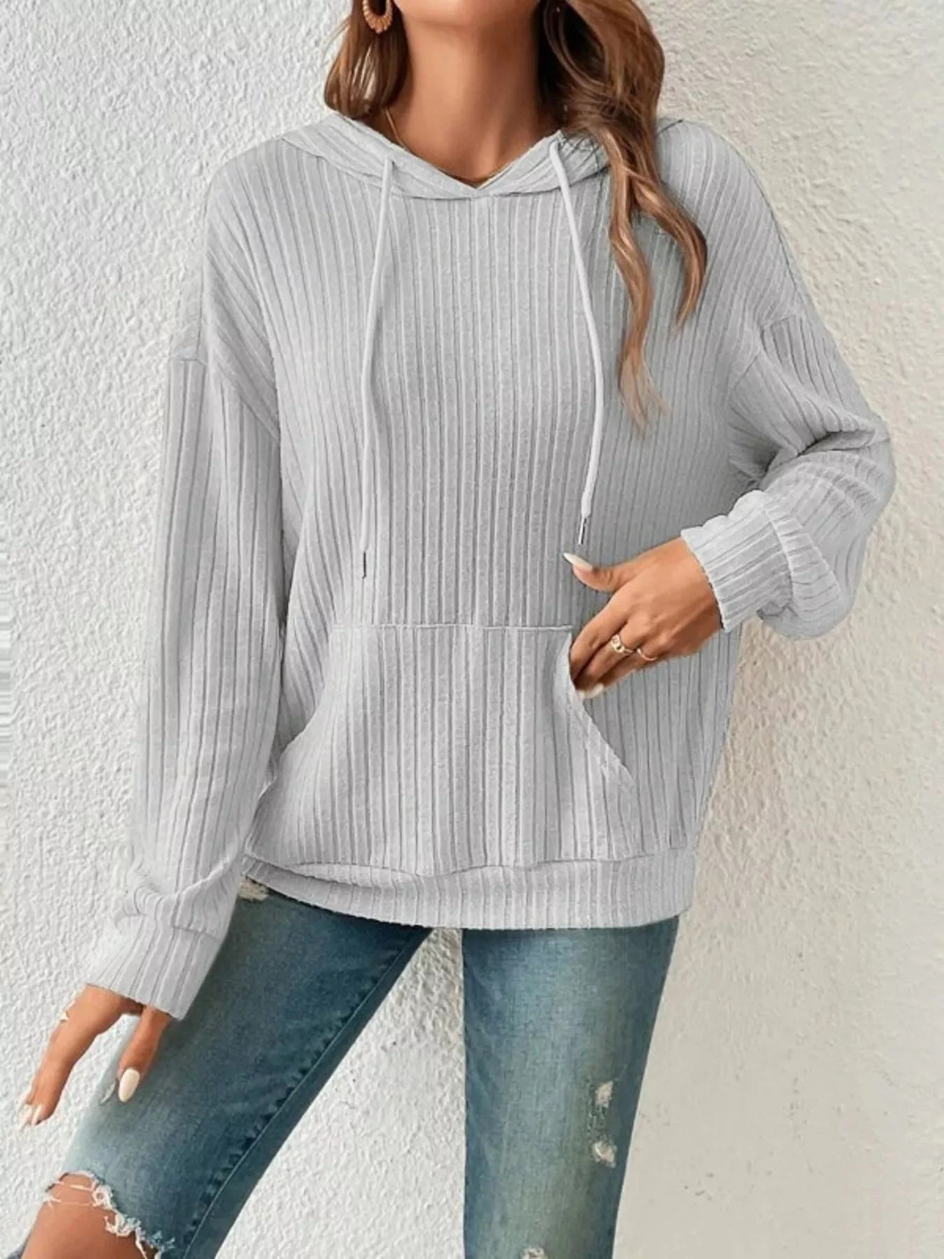 Casual Ribbed Knit Drawstring Hoodie 