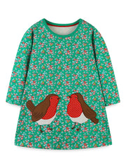 Children's Floral Print Bird Long Sleeve Dress 