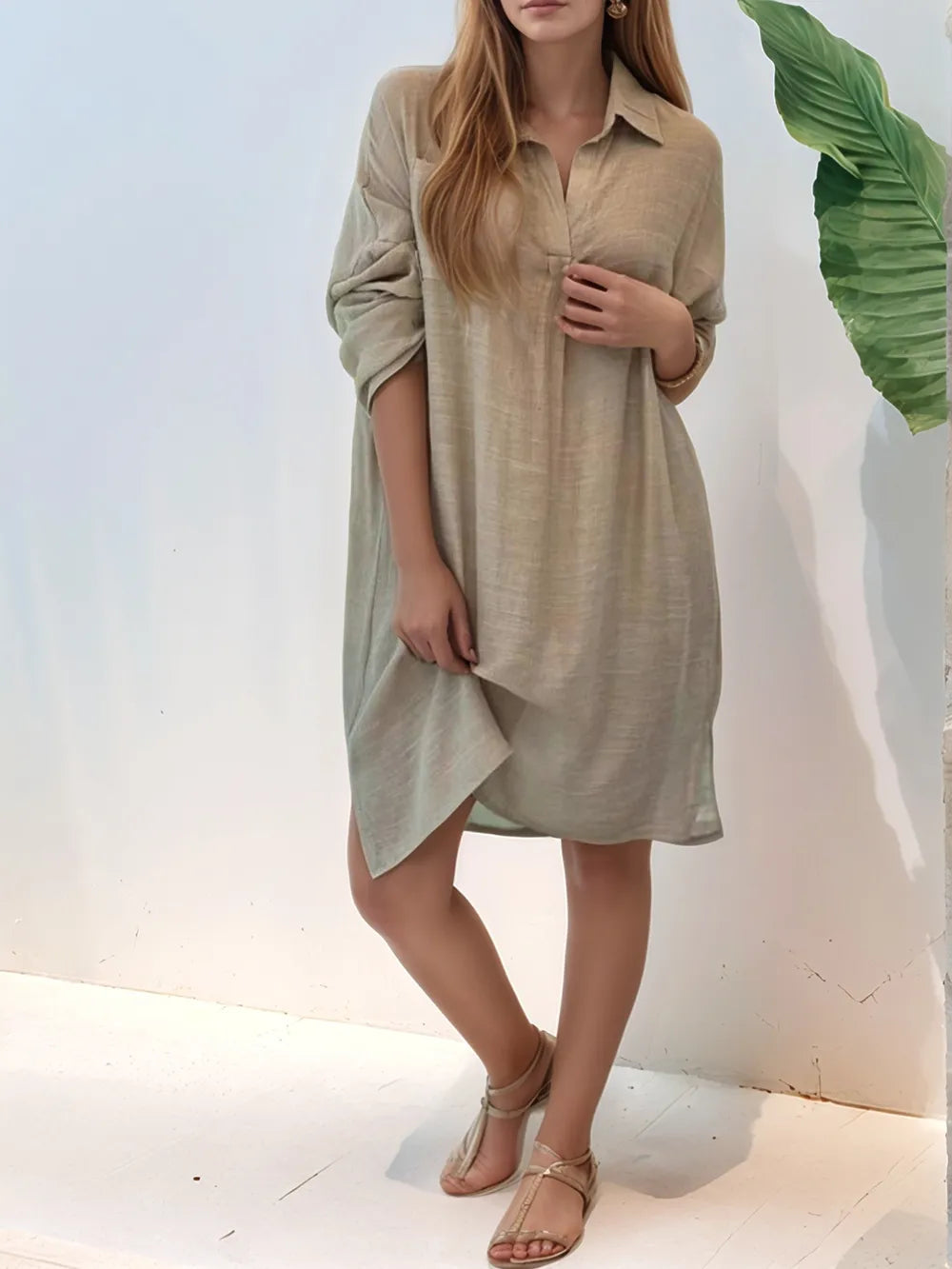Full Size Side Slit Roll-Tab Sleeve Mini Shirt Dress Plus Size 