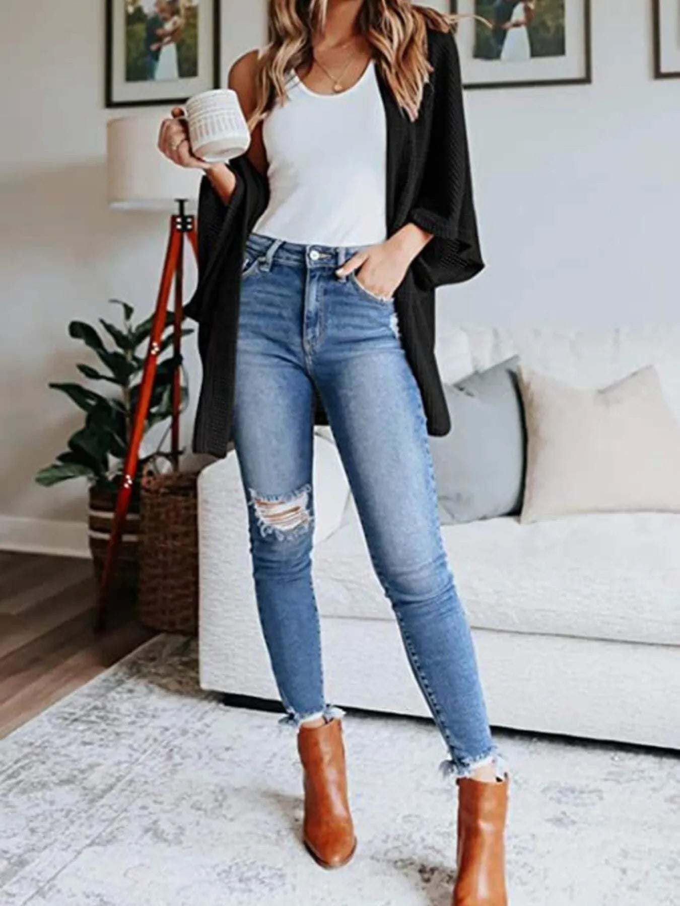 Full Size Open Front Waffle Knit Cardigan Plus Size 