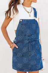 Flower Print Square Neck Denim Overall Dress 
