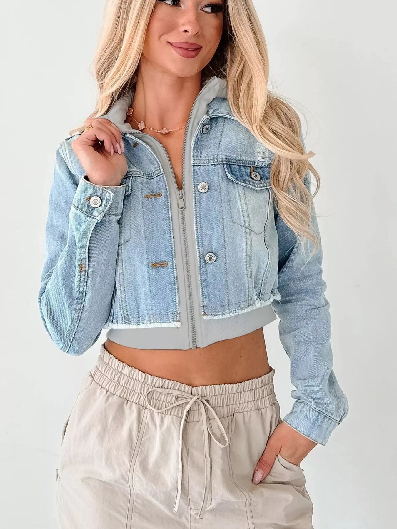 Distressed Zip Up Cropped Hooded Denim Jacket 