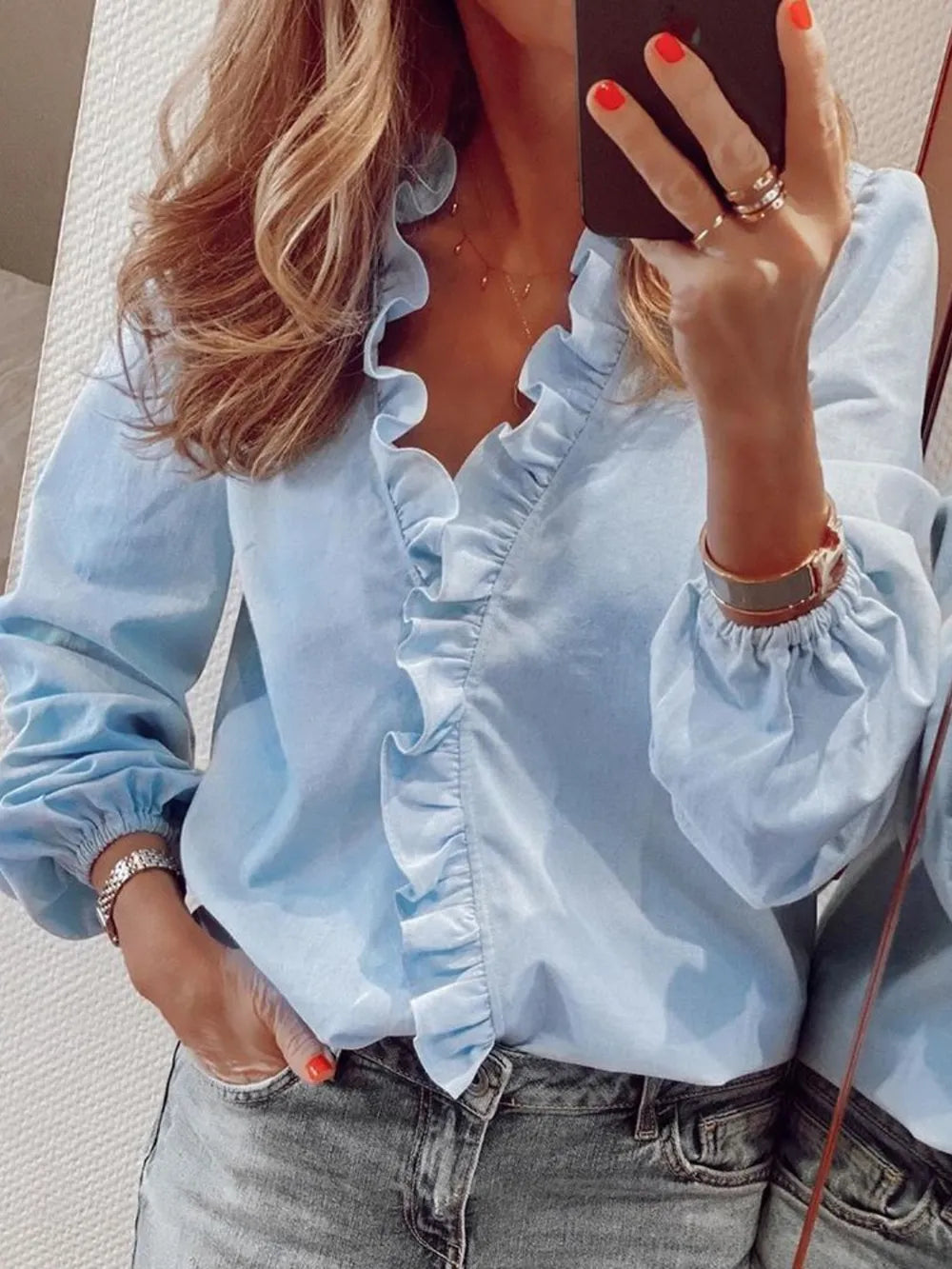 Ruffled V-Neck Long Sleeve Blouse 