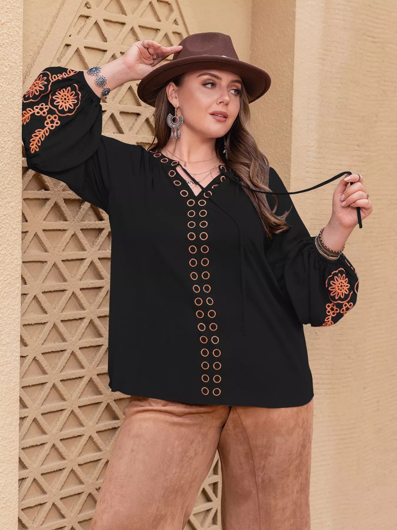 Plus Size Boho Embroidered Long Sleeve Blouse 