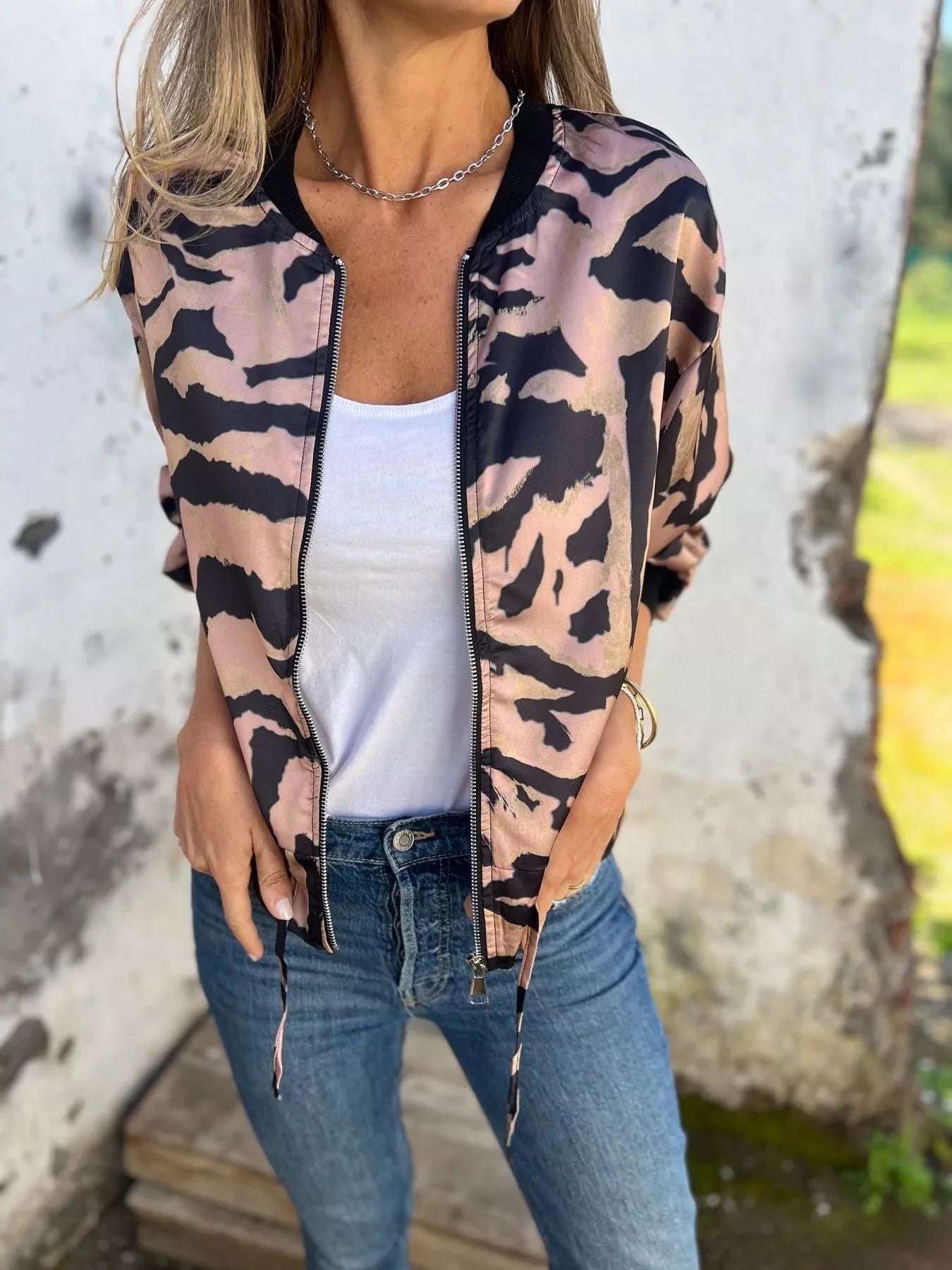 Full Size Zip Up Zebra Print Bomber Jacket Plus Size 