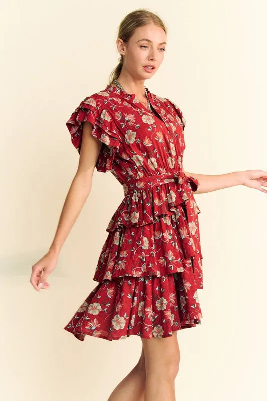 Davi & Dani Ruffle Flutter Sleeve Tie Belt Tiered Mini Dress 