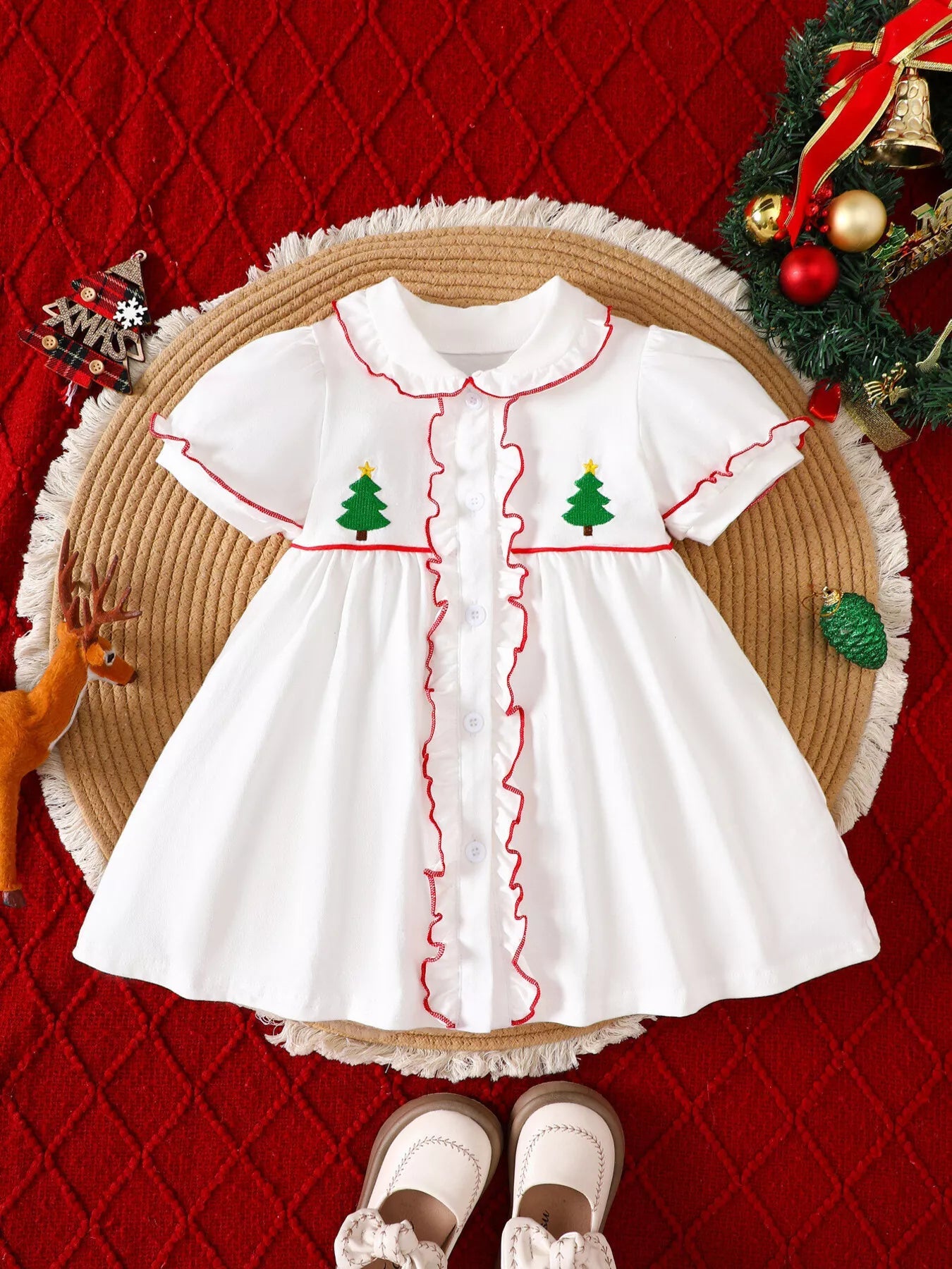 Children's Christmas Tree Embroidered Ruffle Trim Dress 