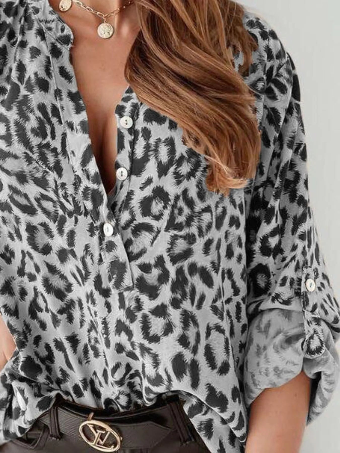 Full Size Leopard Print Roll-Tab Sleeves Blouse Plus Size 