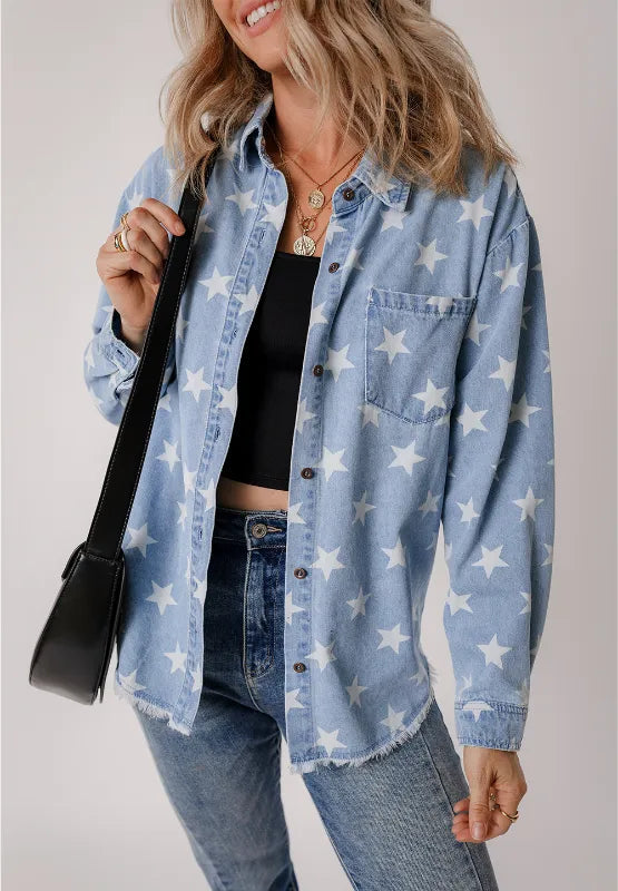 Raw Hem Star Collared Neck Denim Top 