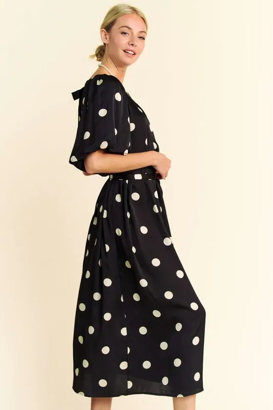 Davi & Dani Polka Dot Puff Sleeves Waist Tie Midi Dress 