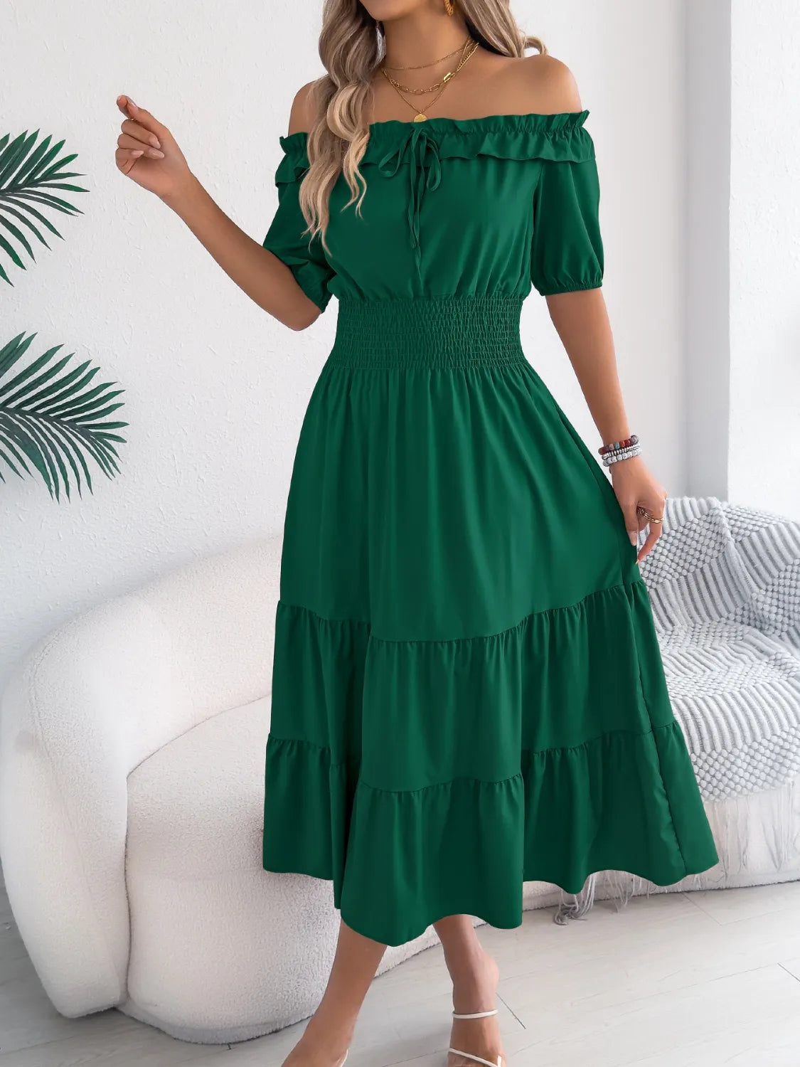 Smocked Off-Shoulder Tiered Dress 