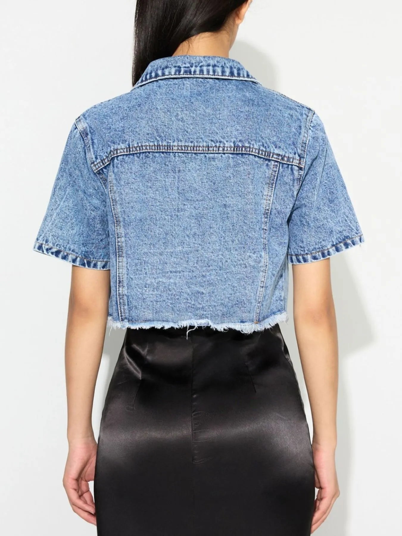 Cropped Short Sleeve Denim Jacket with Frayed Hem 