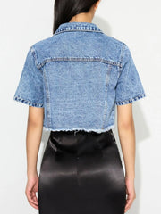 Cropped Short Sleeve Denim Jacket with Frayed Hem 