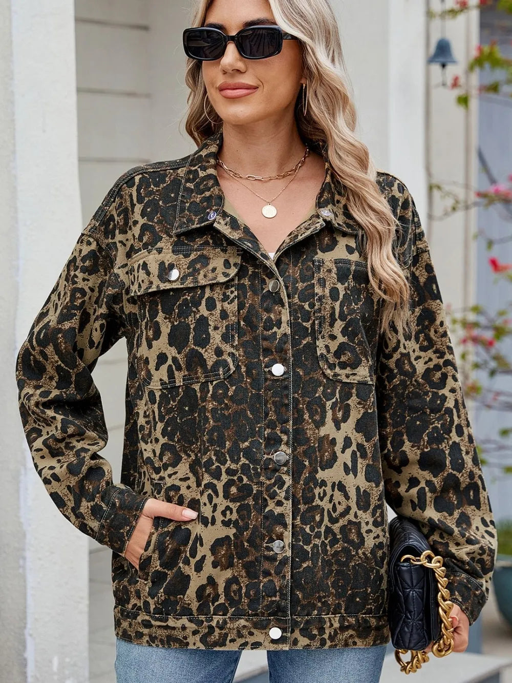 Pocketed Leopard Long Sleeve Denim Jacket 