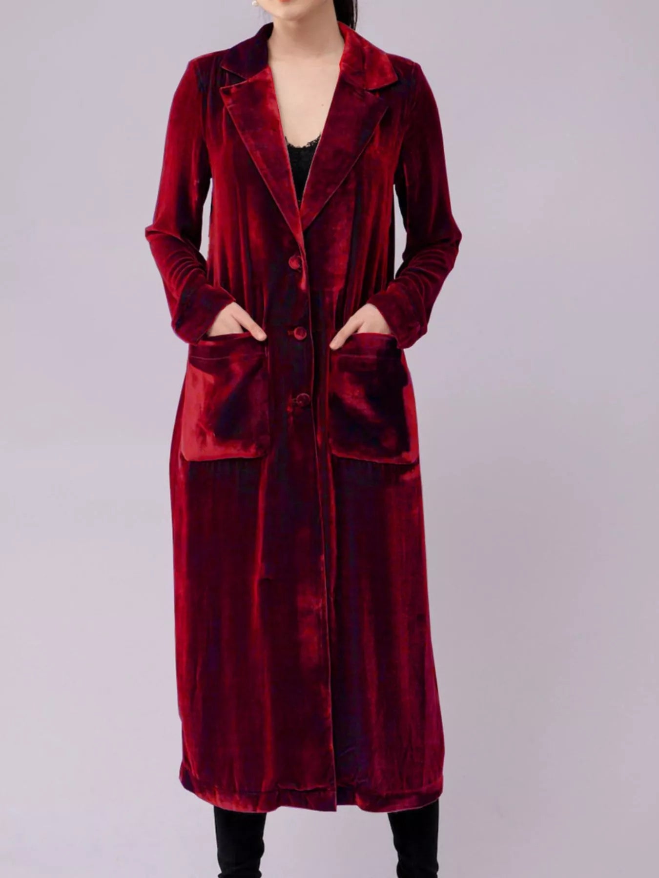 Velvet Lapel Collar Longline Coat 