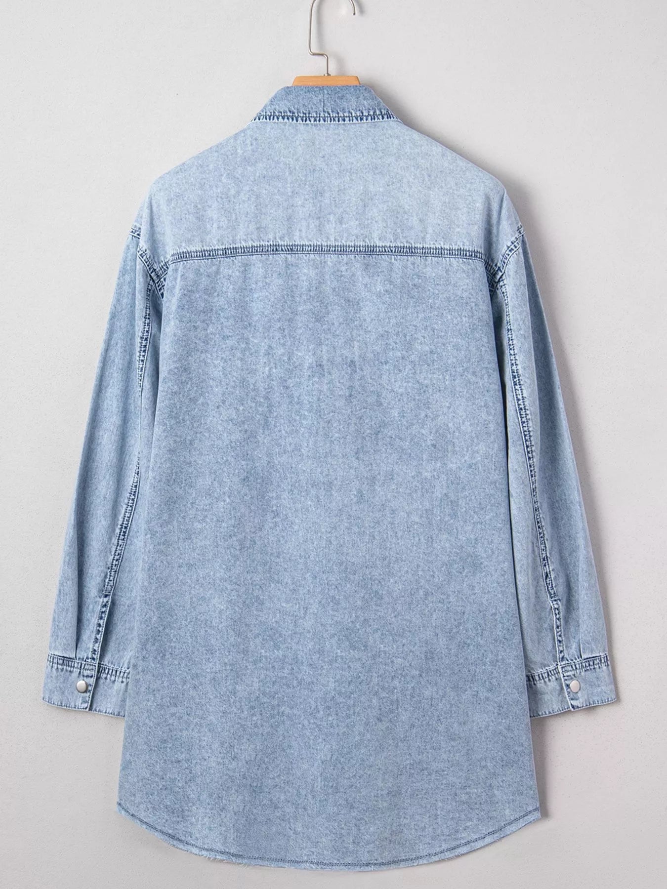 Chest Pocket Raw Hem Denim Loose Shirt Dress 