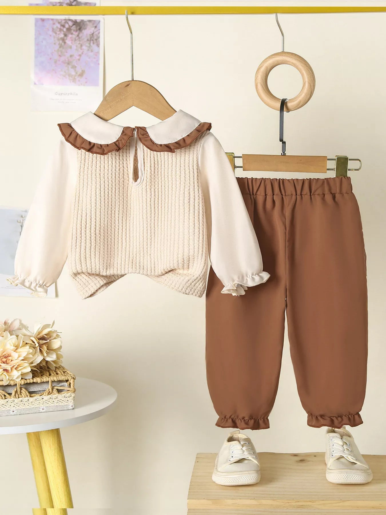 Children's Floral Applique Ruffle Trim Top and Pants Set 