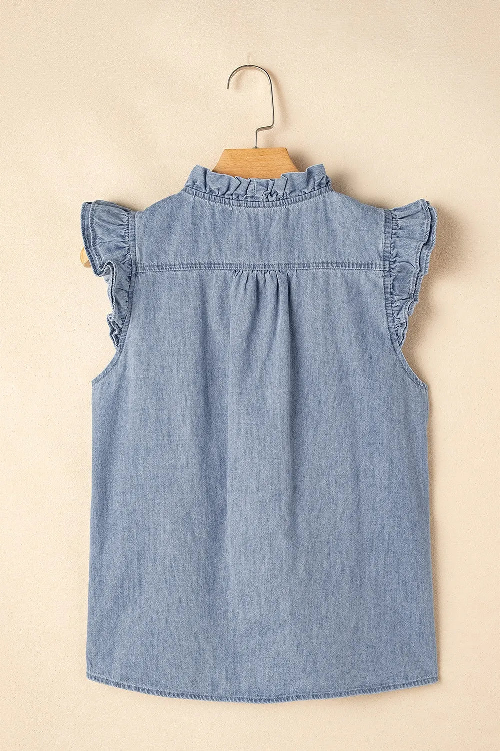 Frilly Ruffle Trim V Neck Chambray Tank 