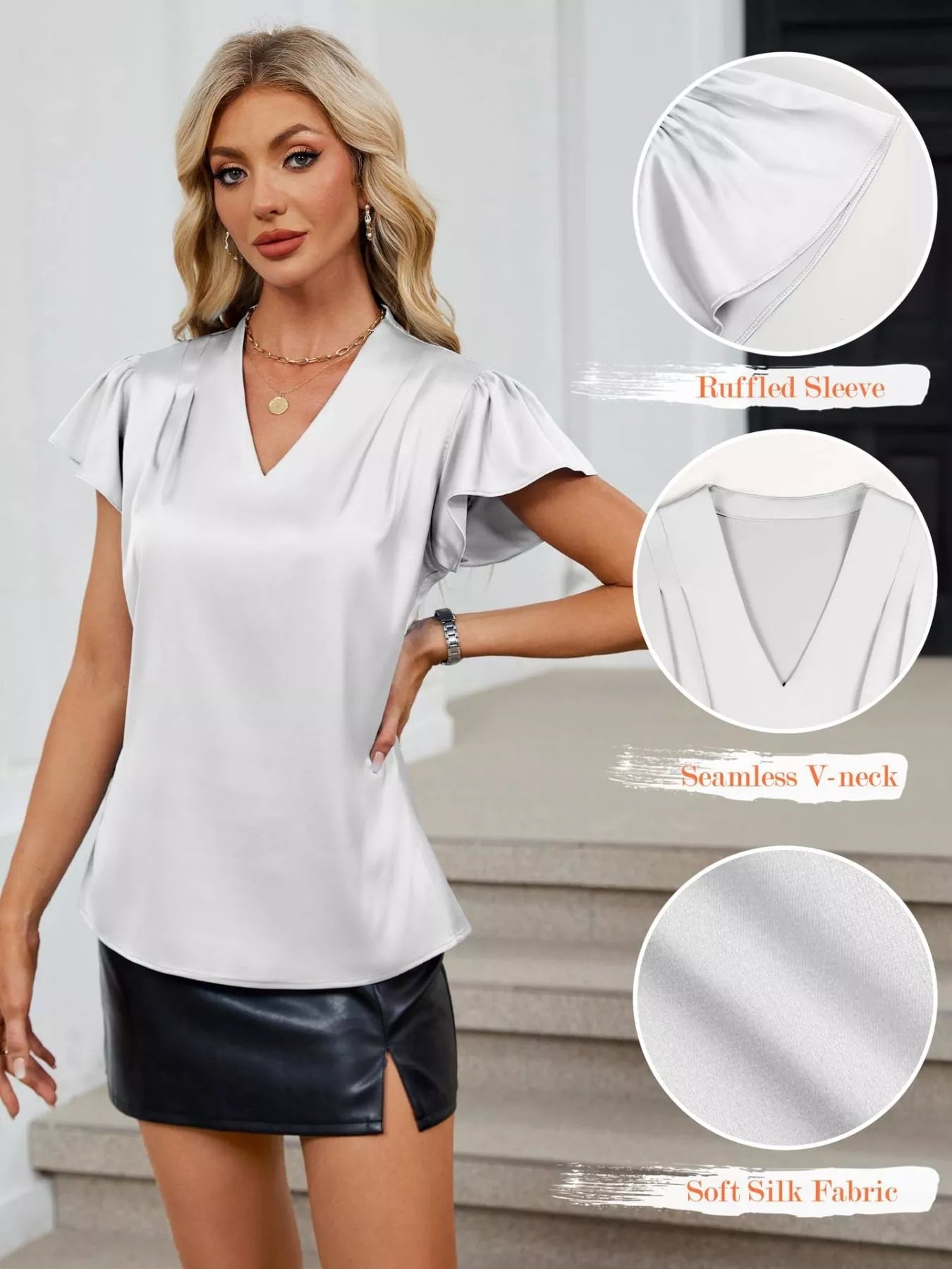 Satin V-Neck Flutter Sleeve Blouse 