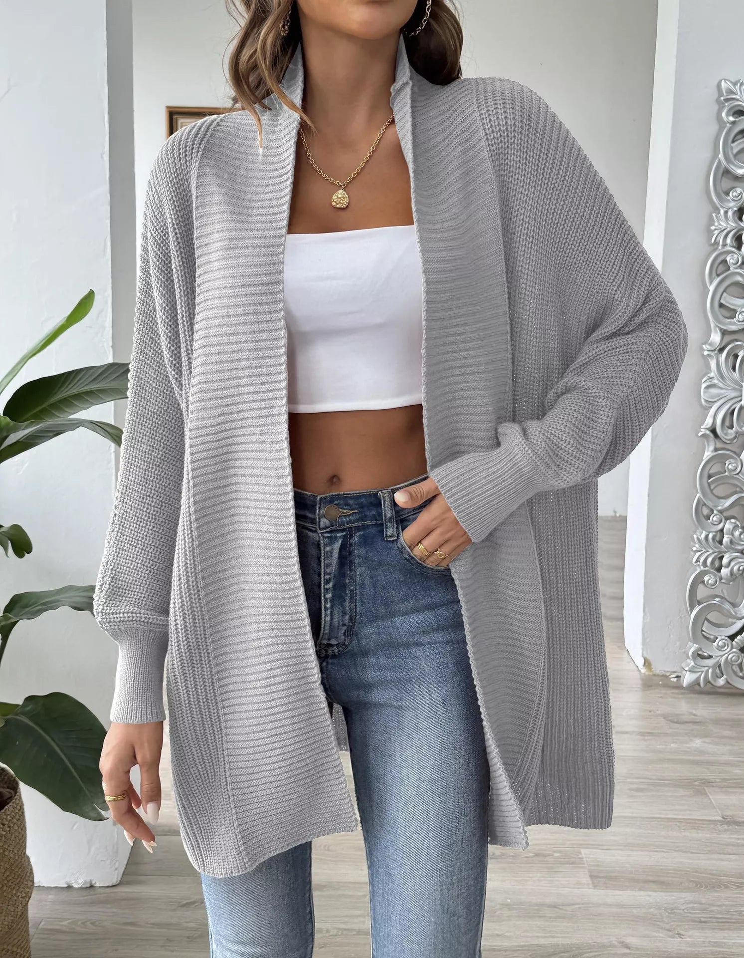 Open Front Ribbed Knit Cardigan 