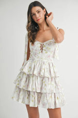 MABLE Floral Print Shoulder Tie Layered Mini Dress 