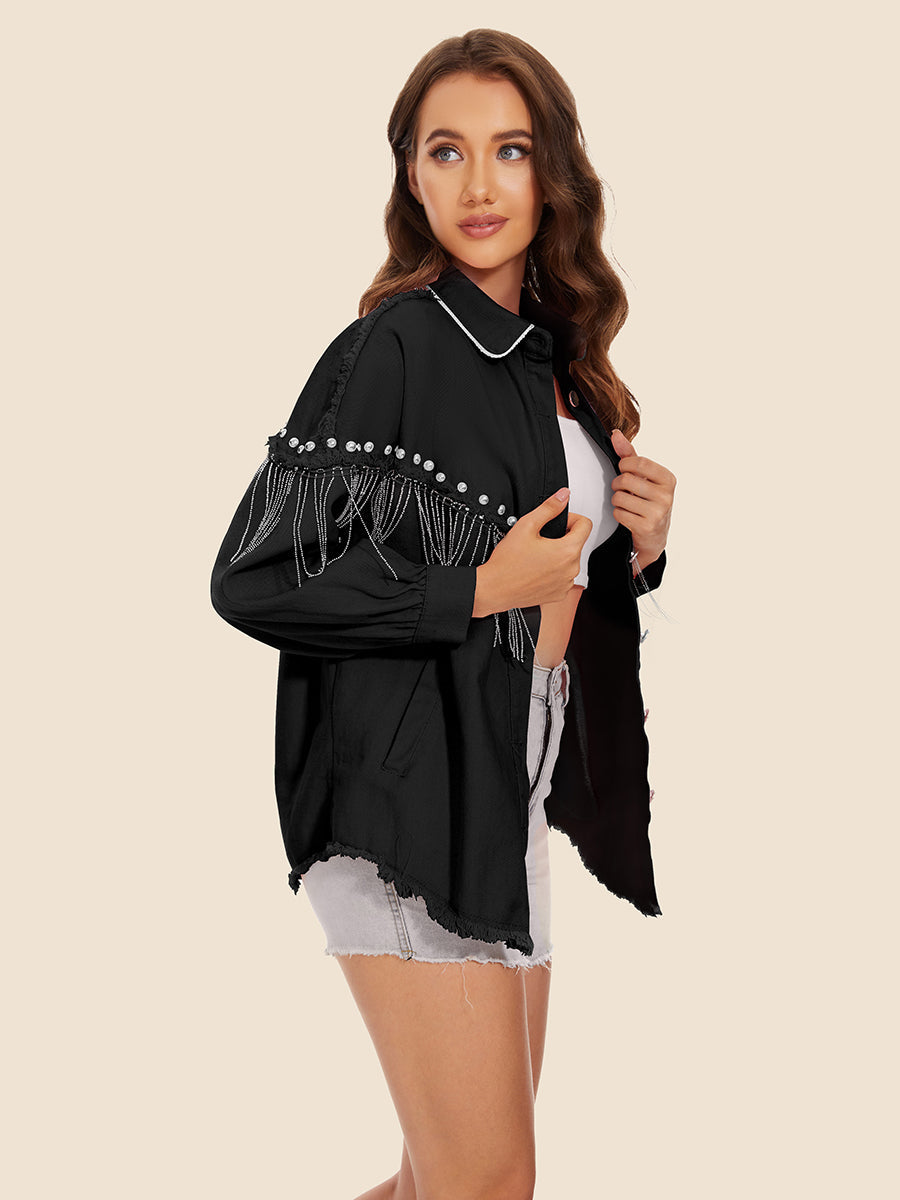 Raw Hem Fringe Detail Denim Jacket 