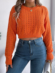 Cutout Back Openwork Round Neck Long Sleeve Sweater 