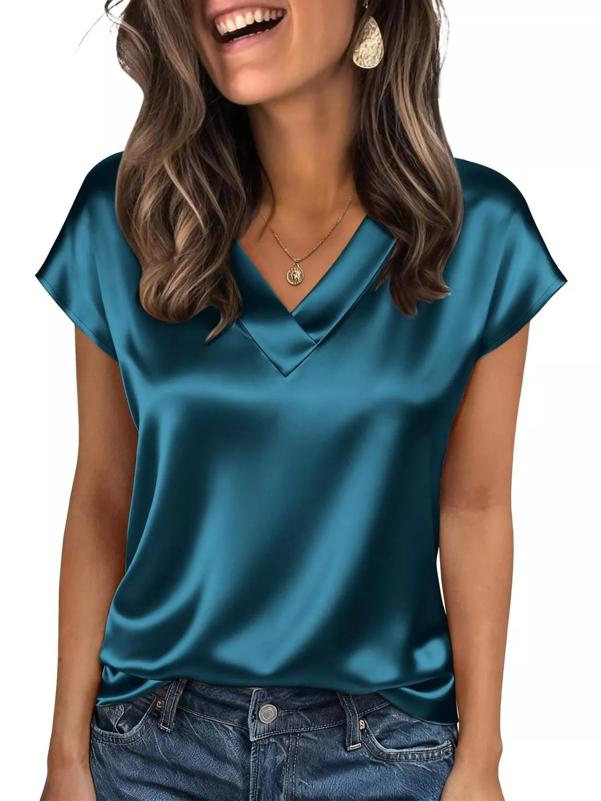 Satin V-Neck Cap Sleeve Blouse 