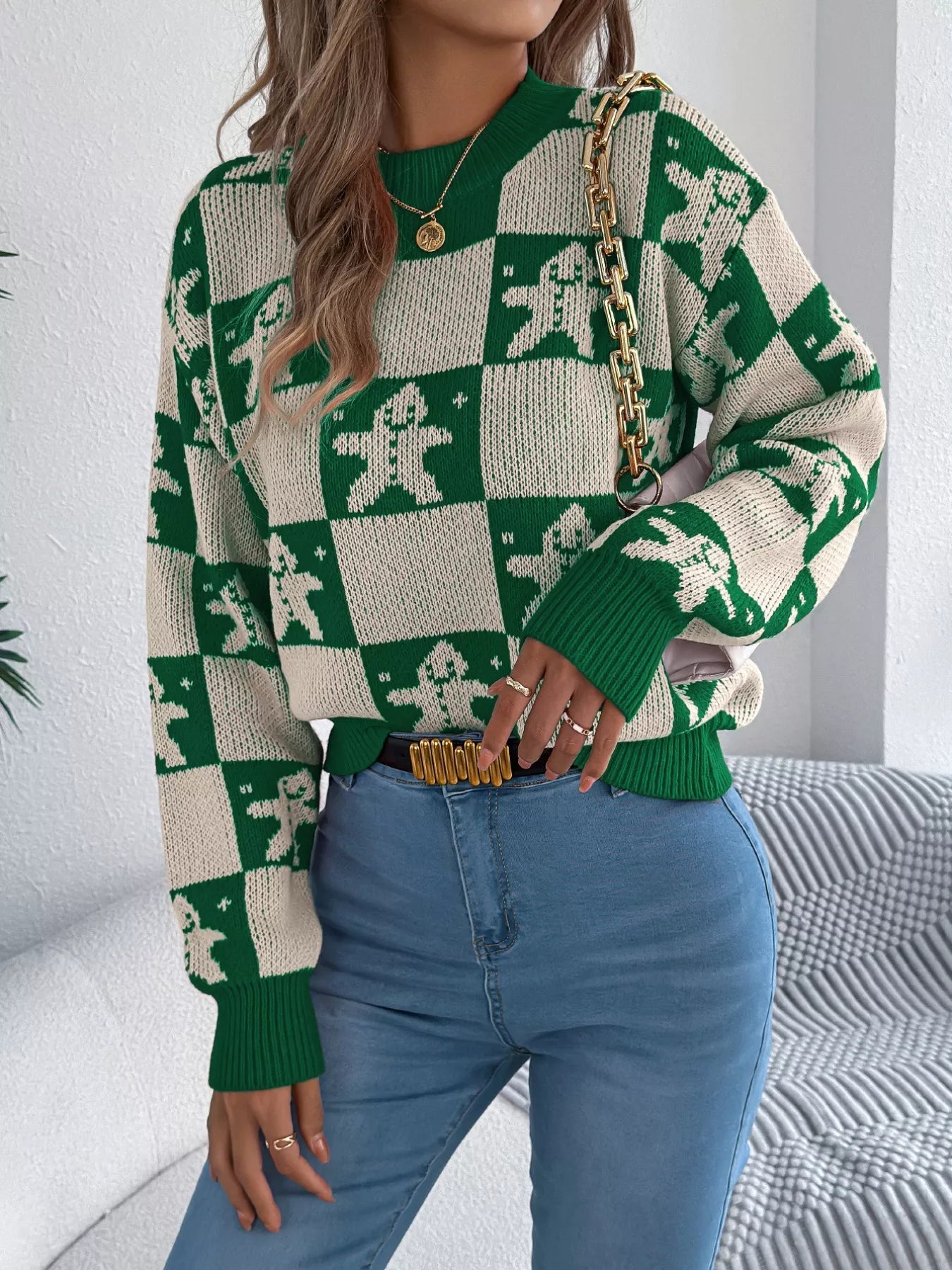 Christmas Checkerboard Gingerbread Round Neck Sweater 