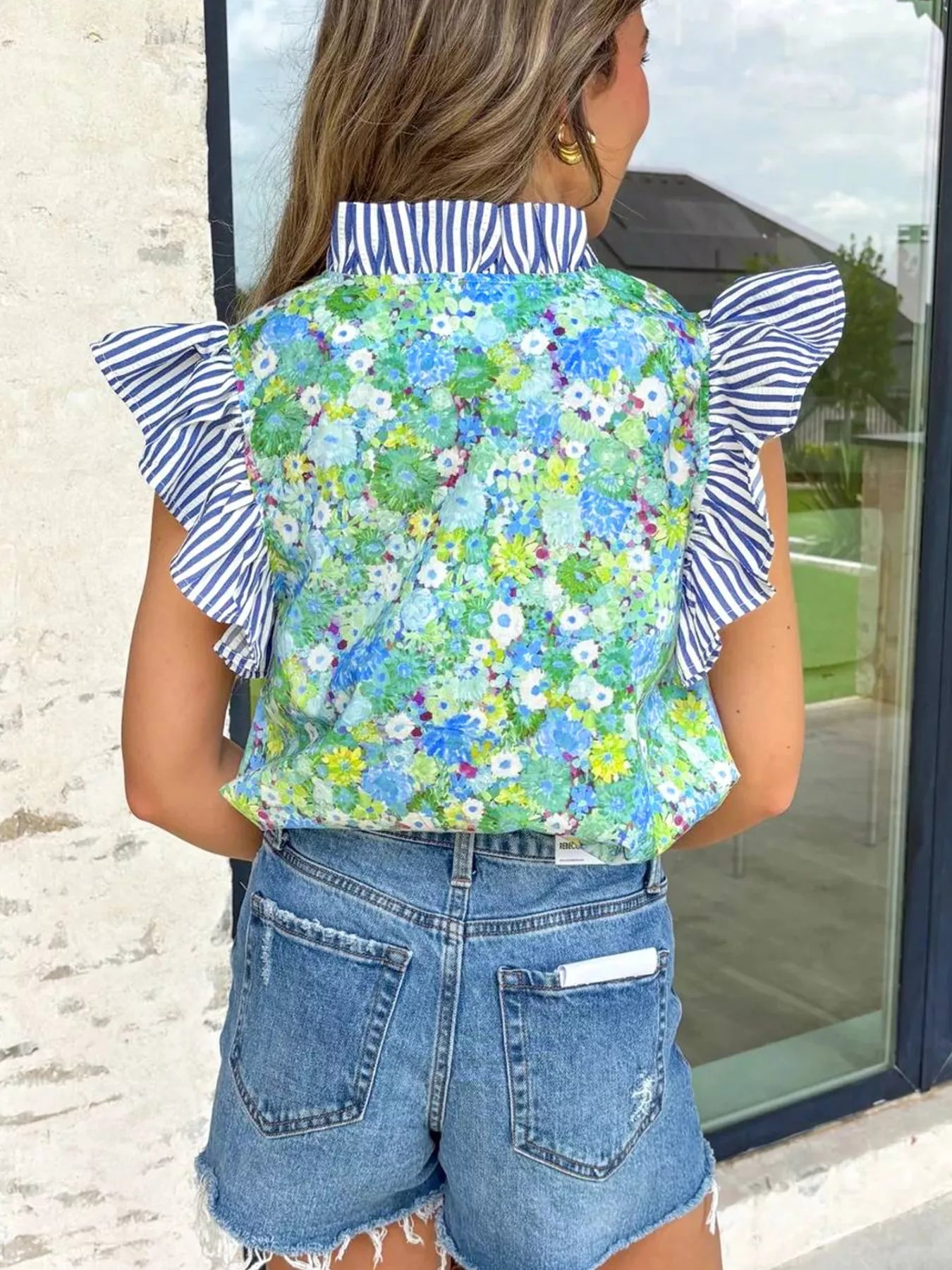 Floral Painting Print Striped Patchwork Flutter Sleeve V Neck Blouse 
