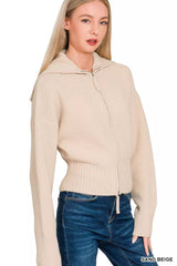 Zenana Ribbed Collared Zip Up Sweater Cardigan 